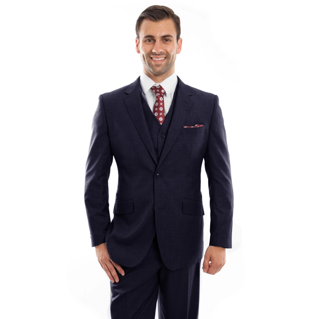 Mens Suit Premium Wool 3pc Modern Fit with Vest Dark Navy