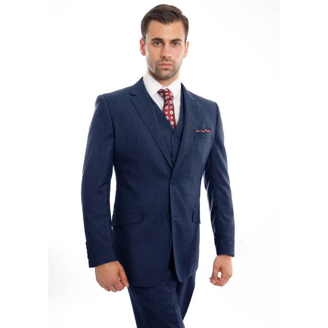 Mens Suit Premium Wool 3pc Modern Fit with Vest Indigo