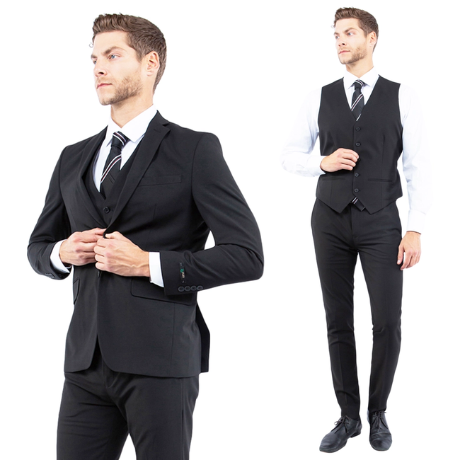 Mens Suit 4-Way Stretch 3pc with Expandable Waistband -  Black