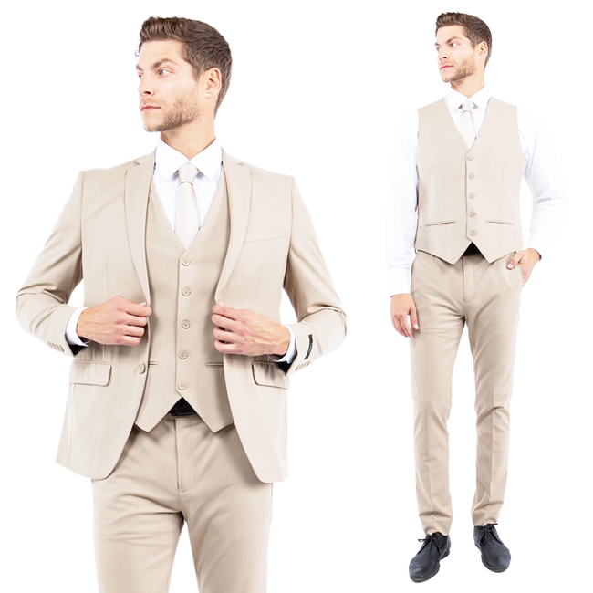 Mens Suit 4-Way Stretch 3pc with Expandable Waistband -  Tan