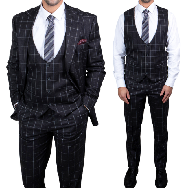 Stacy Adams Windowpane Mens Suit 3pc Vested - Charcoal
