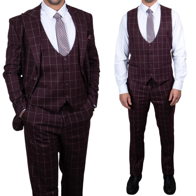 Stacy Adams Windowpane Mens Suit 3pc Vested - Burgundy