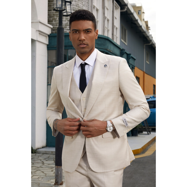Mens Suit 3pc Solid Textured By Stacy Adams - Tan
