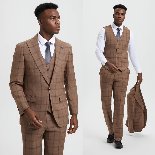 Stacy Adams 3-Piece Windowpane Suit - Brown (SM169H1)