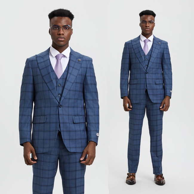 Stacy Adams 3-Piece Windowpane Suit - Blue (SM169H1)
