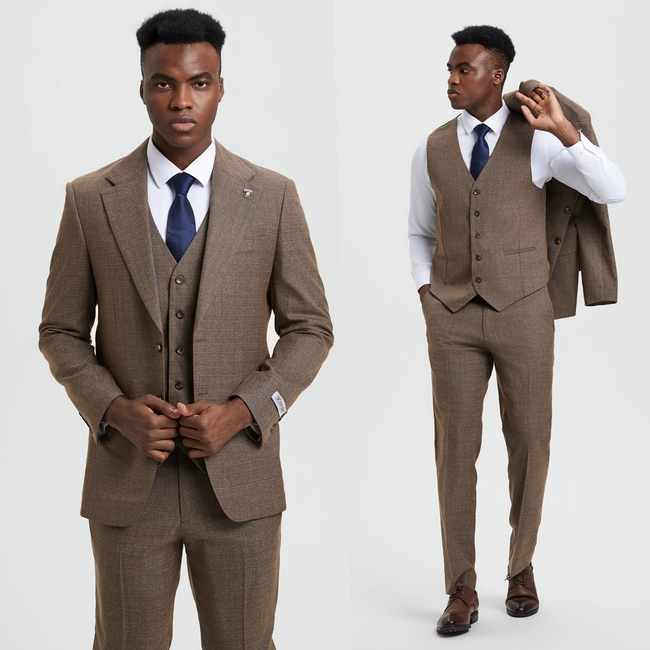 Stacy Adams 3-Piece Plaid Suit Hybrid Fit -  Brown (SM167H1)