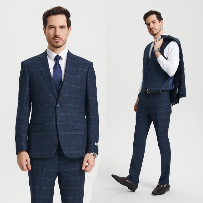 Stacy Adams 3-Piece Plaid Suit Hybrid Fit -  Navy (SM159H1)