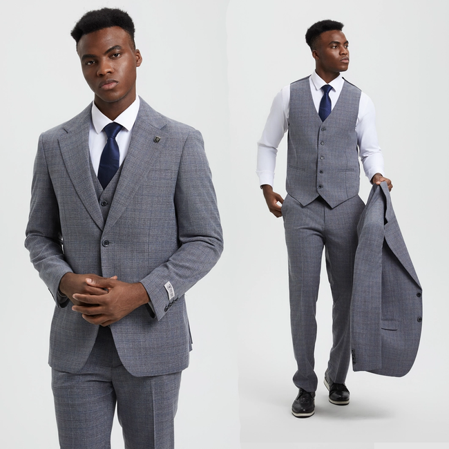 Stacy Adams 3-Piece Plaid Suit Hybrid Fit - Grey (SM167H1)