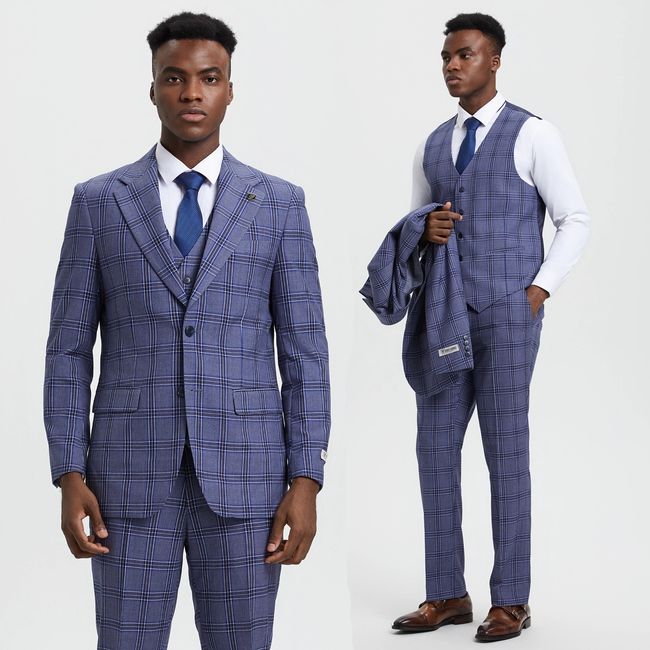Stacy Adams 3-Piece Plaid Suit Notch Lapel - Purple (SM166H1)