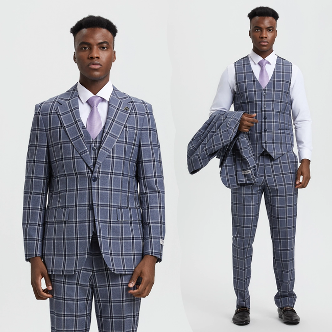 Stacy Adams 3-Piece Plaid Suit Notch Lapel - Grey (SM166H1)