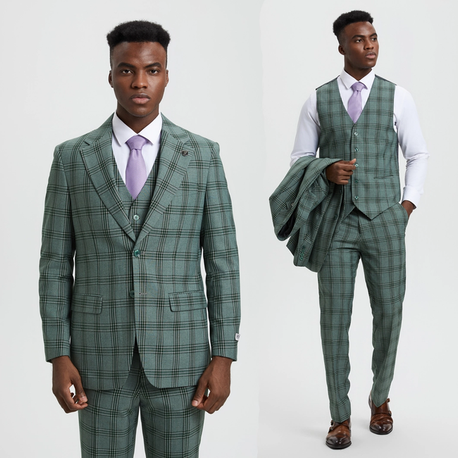 Stacy Adams 3-Piece Plaid Suit Notch Lapel - Green (SM166H1)