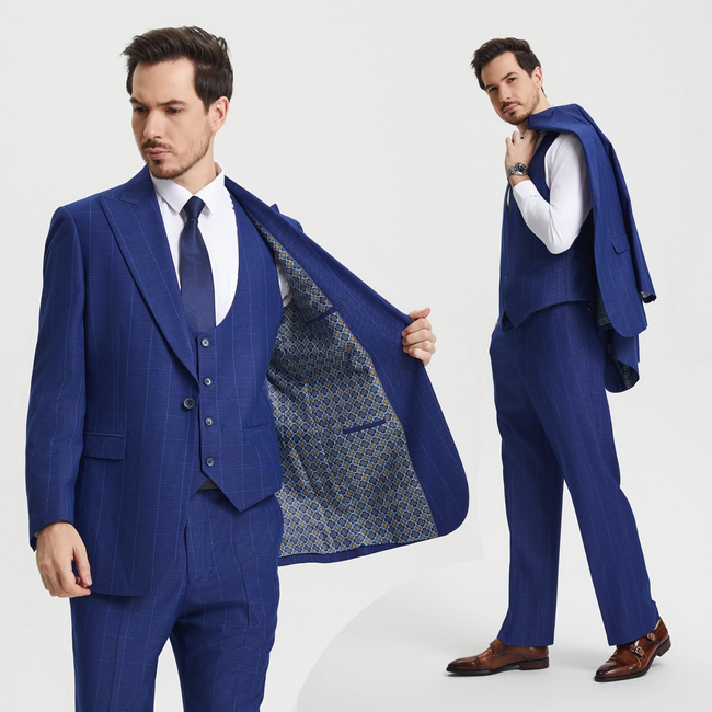 Stacy Adams 3-Piece Plaid Suit Peak Lapel - Blue (SM172H1)
