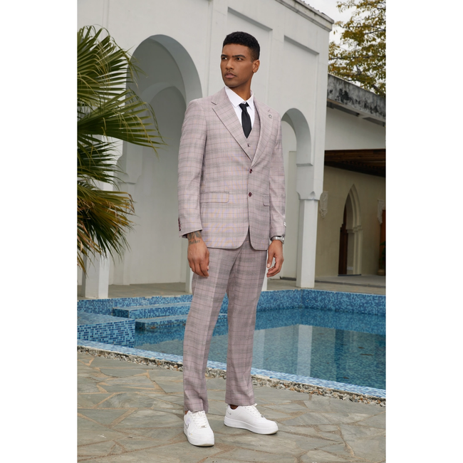 Stacy Adams 3pc Plaid Mens Suit with Wide Notch Lapel - Pink