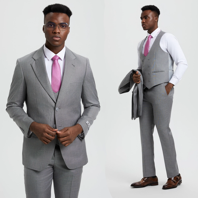 Stacy Adams 3-Piece Sharkskin Suit 2 Button - Stone Grey (SM324H1)