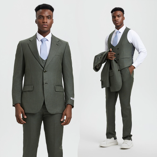 Stacy Adams 3-Piece Sharkskin Suit 2 Button - Olive Green (SM324H1)