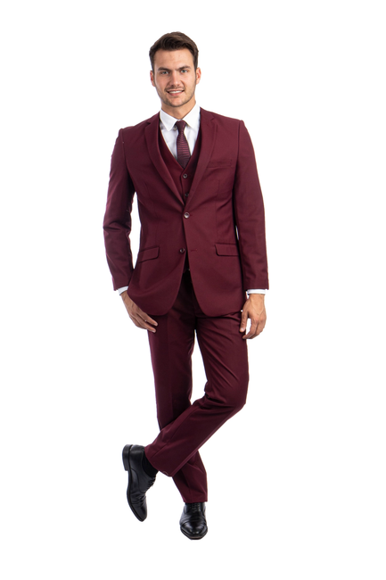 Men's Hybrid Fit 3 Piece Suit (Coat, Vest, Trousers) - Burgundy