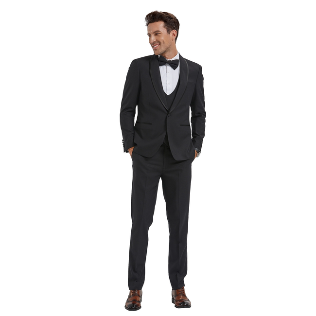 Men's Skinny Fit Birdseye Suit 3 Piece Set - Black