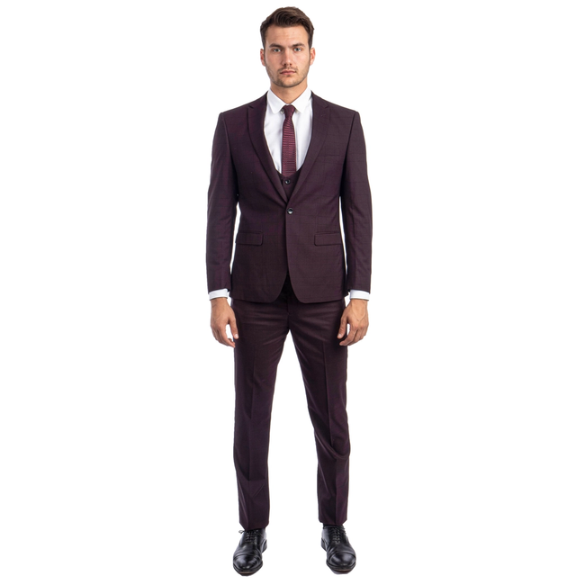 Men's Glen Check 3 Piece Suit - Burgundy
