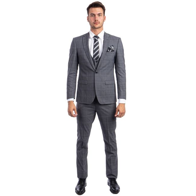 Men's Glen Check 3 Piece Suit - Grey