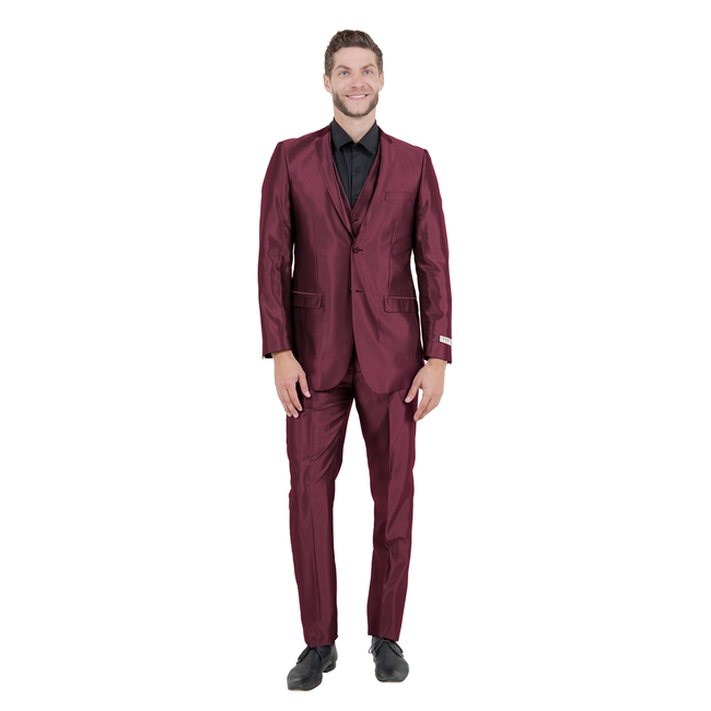 Men's Sharkskin Slim Fit Suit 3 Piece - Burgundy