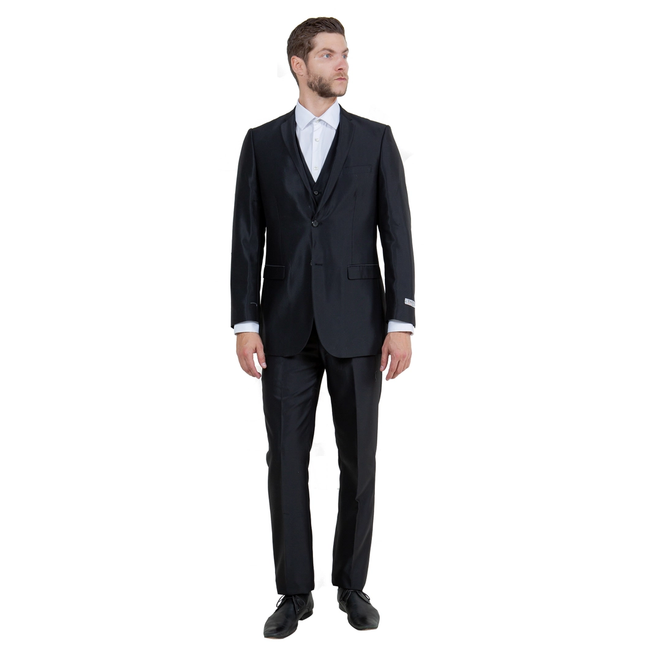 Men's Sharkskin Slim Fit Suit 3 Piece - Black
