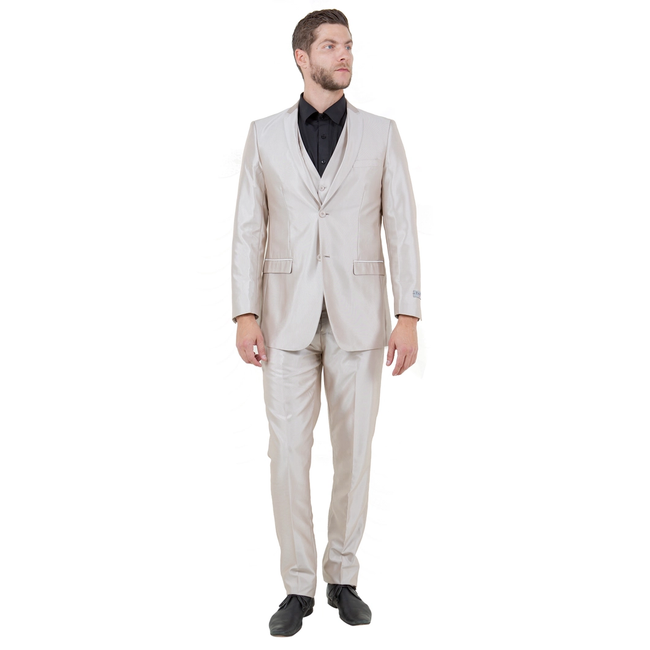 Men's Sharkskin Slim Fit Suit 3 Piece - Champagne