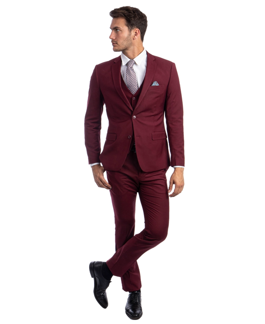 Light Weight Men's Stretch Skinny Fit 3-Piece Suit - Burgundy