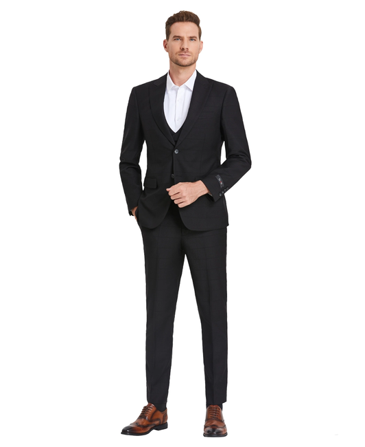 Men's 3-Piece Plaid Suit with Diagonal Vest - Black