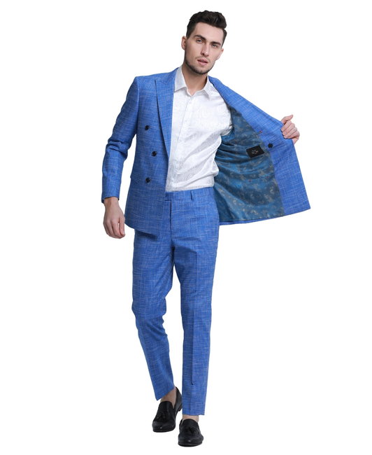 Men's 2 Piece Textured Fabric Double Breast Fashion Suit - Blue