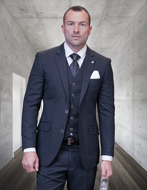 Salote 3-Piece Plaid Men's Suit Set in Italian Wool & Cashmere - Black