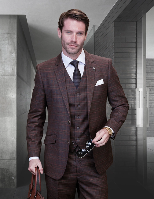 Santori 3-Piece Plaid Men's Suit Set in Italian Wool & Cashmere - Copper