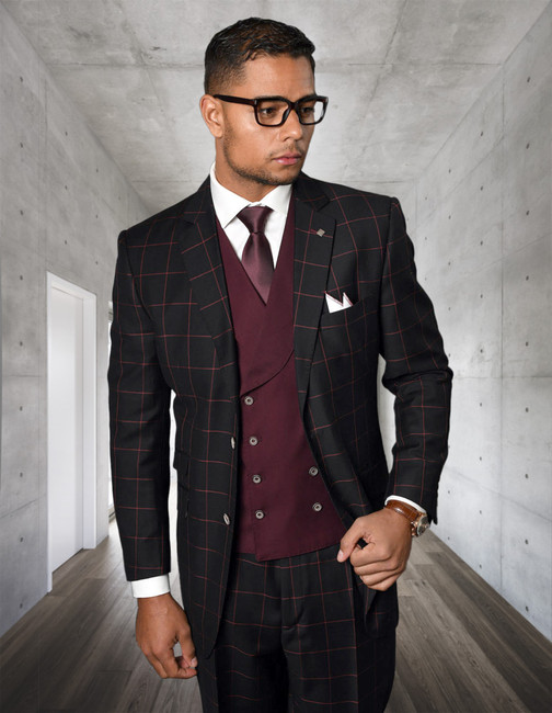Lucca 3pc Plaid Men's Suit Set with Matching Double Breasted Vest - Black-Burgundy