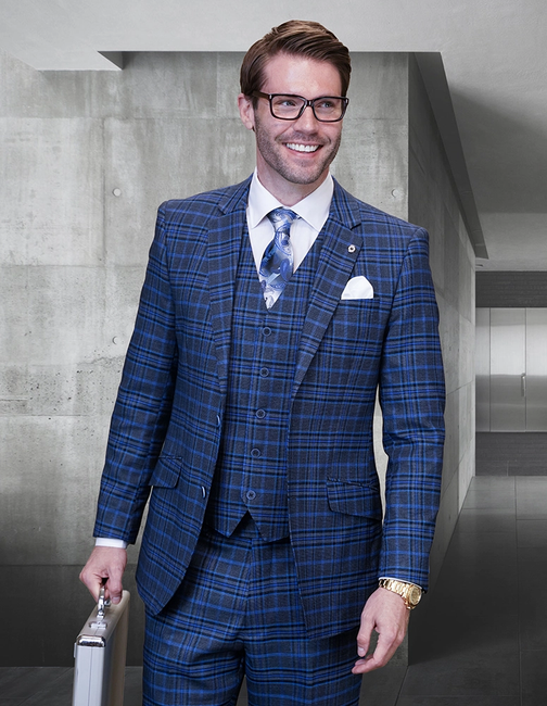Rizoli 3-Piece Plaid Men's Suit Set in Italian Wool & Cashmere - Sapphire