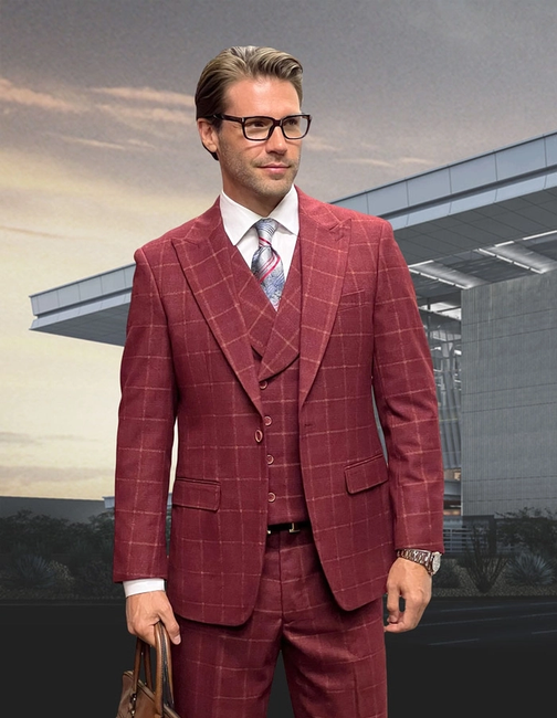Monaco 3-Piece Peak Lapel Men's Suit Set with Double Breasted Vest - Burgundy