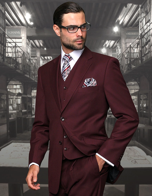 100% Italian Wool Men's 3-Piece Suit - Burgundy