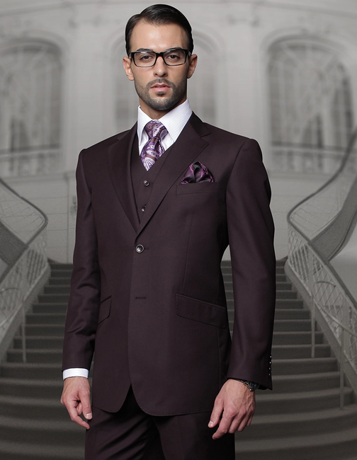 100% Italian Wool Men's 3-Piece Suit - Eggplant