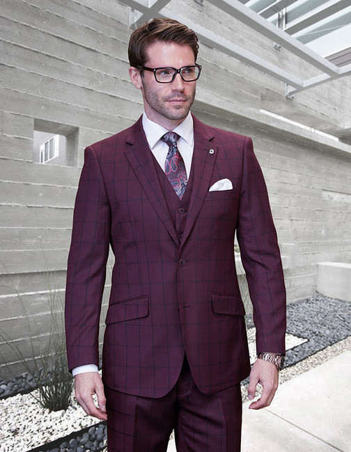 Bergamo 3-Piece Plaid Super 200's Italian Wool Men's Suit - Burgundy
