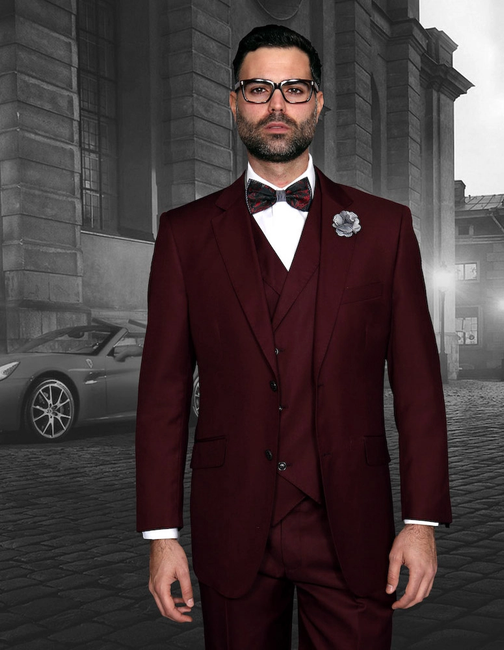 Messina 3-Piece Solid Color Regular Fit Men's Suit Set - Burgundy