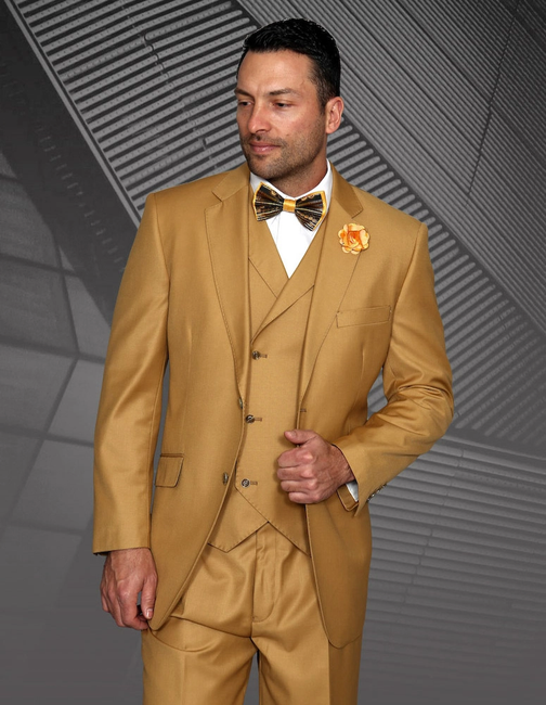 Messina 3-Piece Solid Color Regular Fit Men's Suit Set - Camel