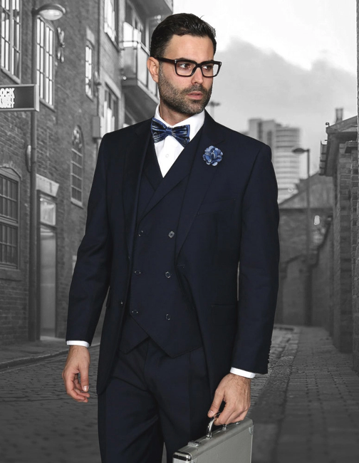 Messina 3-Piece Solid Color Regular Fit Men's Suit Set - Navy