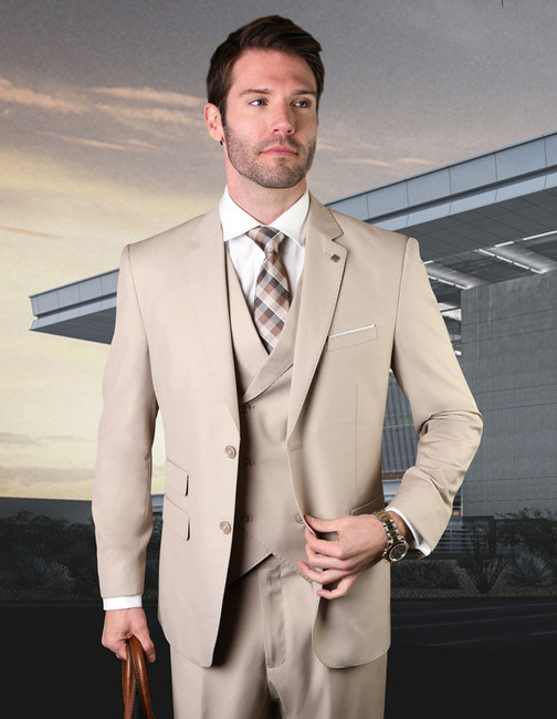 Messina 3-Piece Solid Color Regular Fit Men's Suit Set - Tan