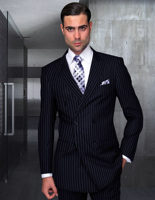 2-Piece Pinstriped Double Breasted Men's Suit - Navy