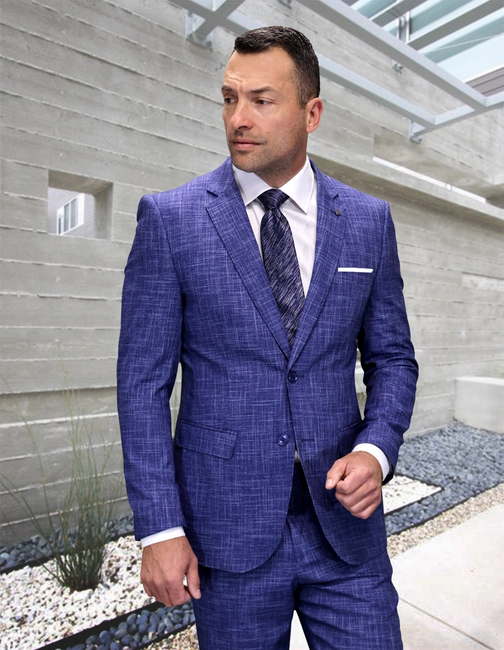 Men's Plaid 2-Piece Italian Wool Suit Set - Sapphire