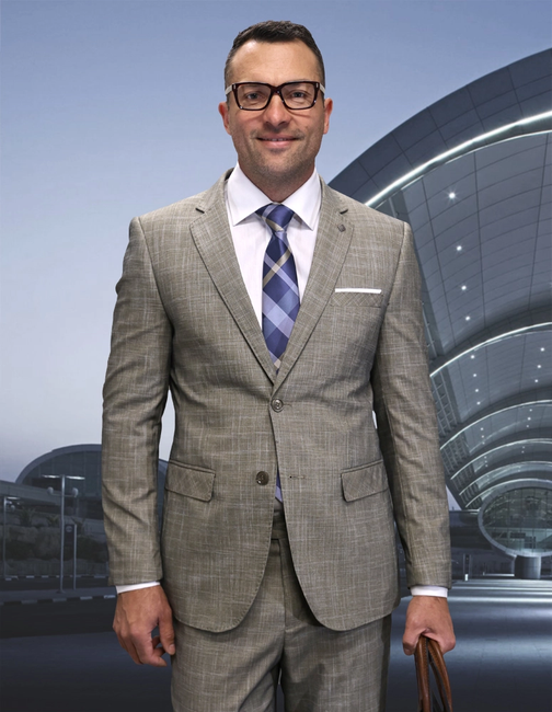 Men's Plaid 2-Piece Italian Wool Suit Set - Tan