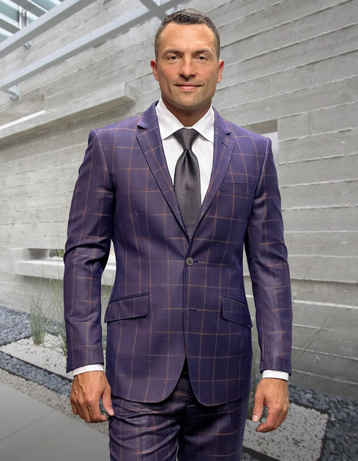 Porto-11 Plaid Handcrafted Italian Wool Suit Set - Eggplant