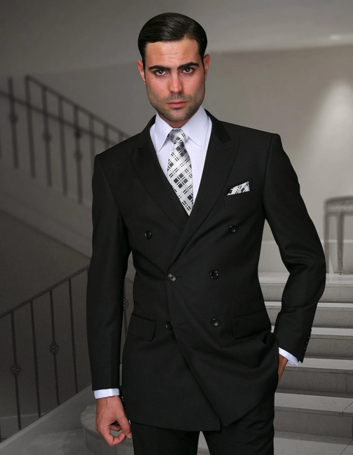 Men's Double-Breasted Everyday 100% Wool Suit Set - Black