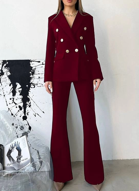 Women's Blazer Zipper Flared Pants Two-Piece Set - Red