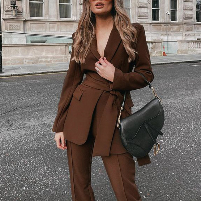 Basic Waist Tie Blazer & Pant Suit Set - Khaki
