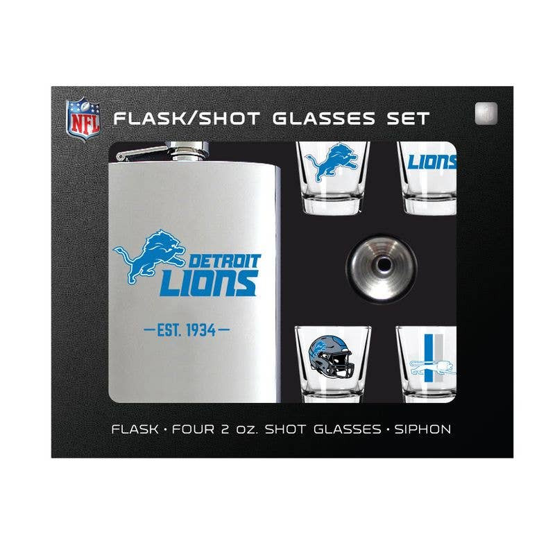 Detroit Lions Flask Gift Set Stainless Steel Barware NFL Fan Gift