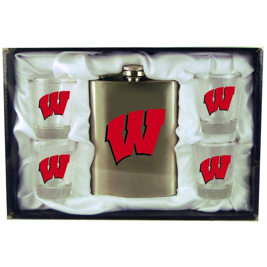 Wisconsin Badgers 8oz Stainless Steel Flask w/4 Cups